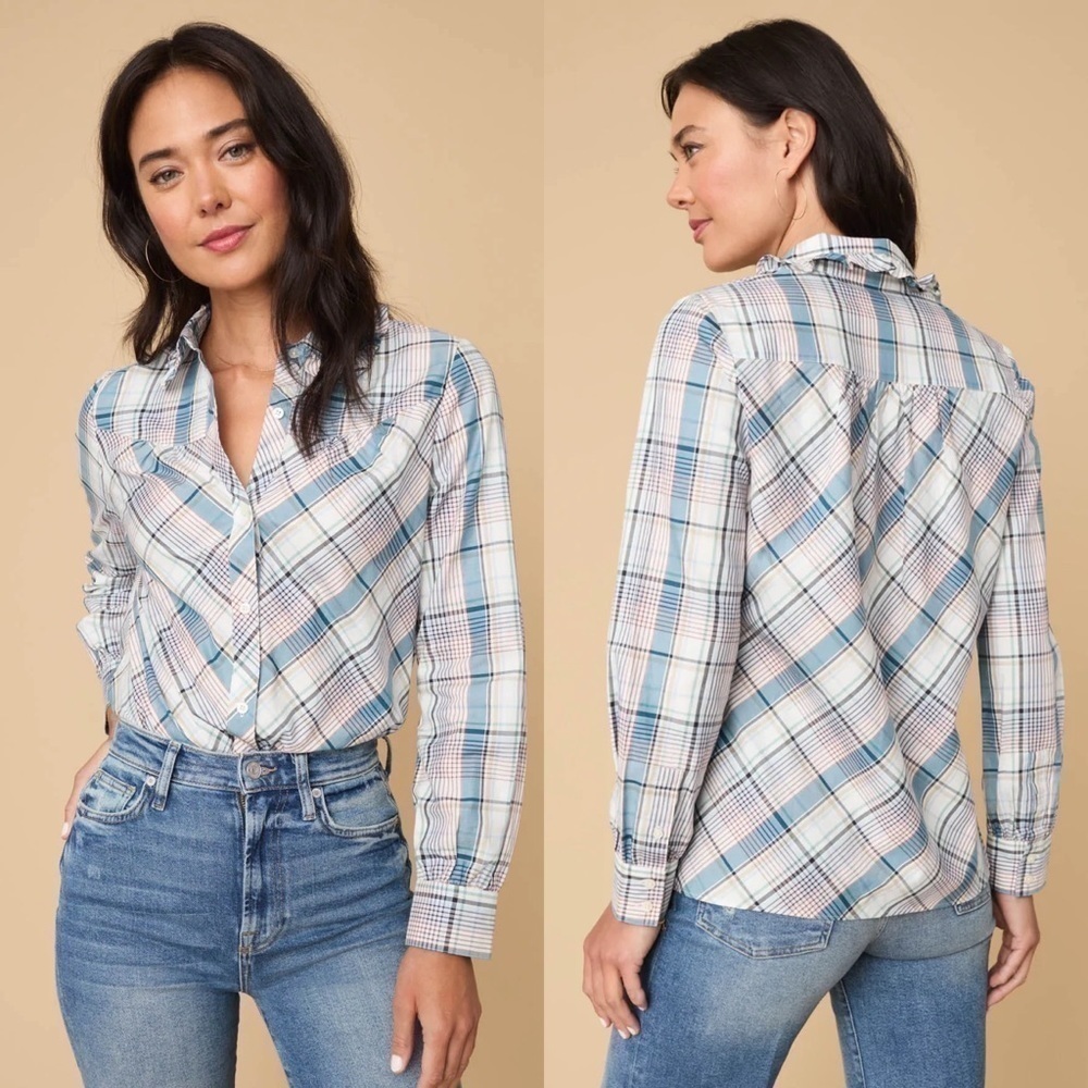 NWT Untuckit Cotton Ruffle-Collar Margot Shirt Blue Multi Plaid